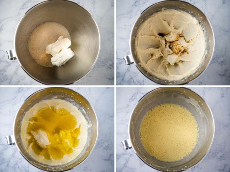 steps for making easy no bake lemon cheesecake, including mixing cream cheese and sugar, adding vanilla extract, and mixing lemon Jello mixture into cream cheese mixture