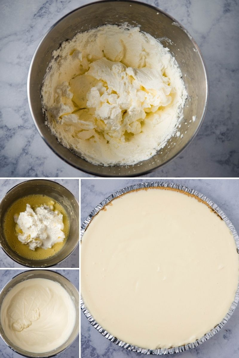 steps for making a no bake lemon cheesecake, including whipping heavy whipping cream in metal bowl 'til it has stiff peaks, mixing whipped cream into Jello cheesecake mixture 'til smooth and creamy, and pouring cheese cake batter into graham cracker crust in foil pie plate
