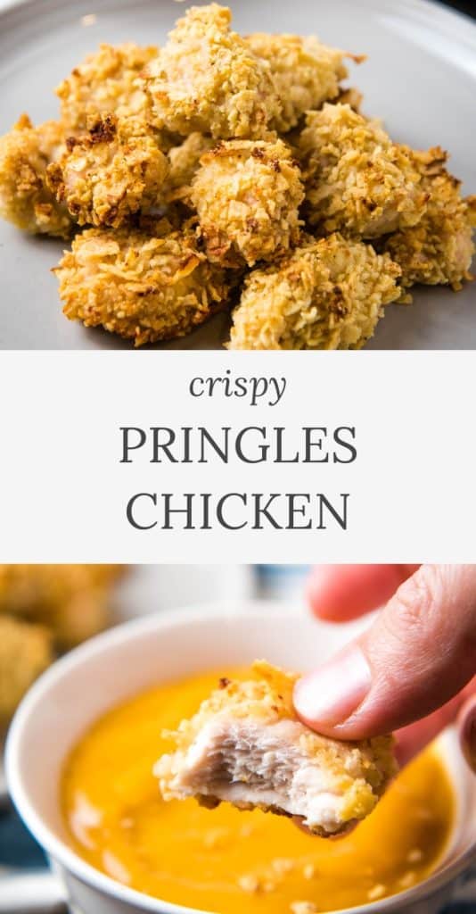 Crispy Pringles Chicken pile on gray plate and dipping in sauce