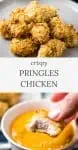 Crispy Pringles Chicken pile on gray plate and dipping in sauce