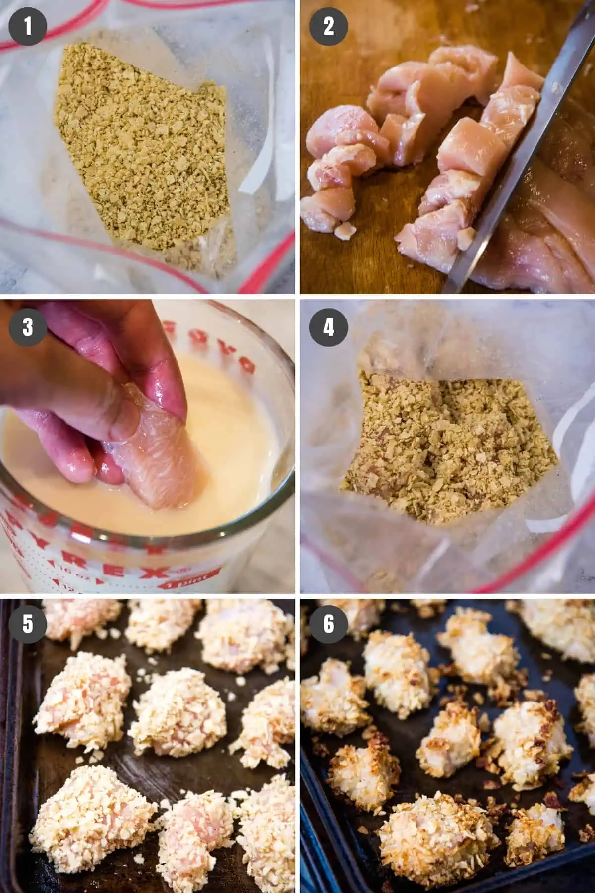 steps for how to make Pringles chicken recipe, including crushing Pringles chips, cutting up chicken, coating and breading chicken, and baking