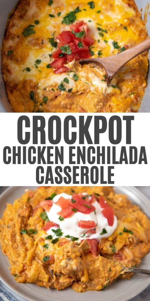 double image of CrockPot chicken enchilada casserole including cooked in gray slow cooker and plated on gray plate and topped with sour cream and tomatoes