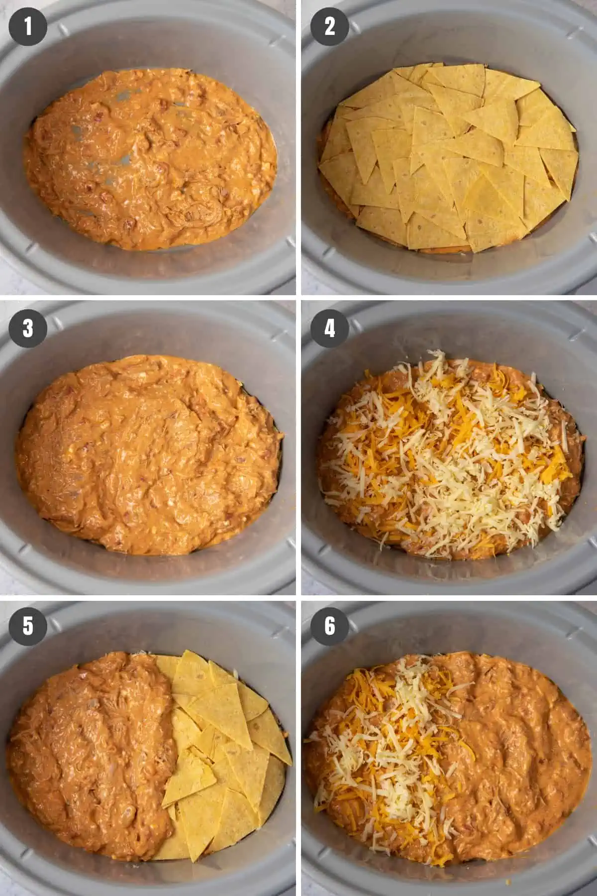 steps for how to make CrockPot chicken enchilada casserole by layering ingredients in gray slow cooker