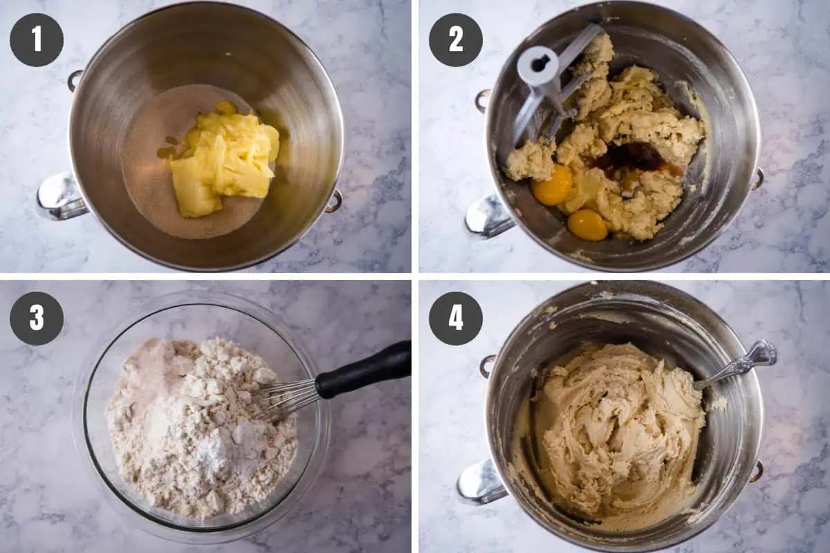 steps for how to make Jello sugar cookie dough, mixing in stainless steel mixing bowl and whisking dry ingredients in glass bowl, then combining to make dough