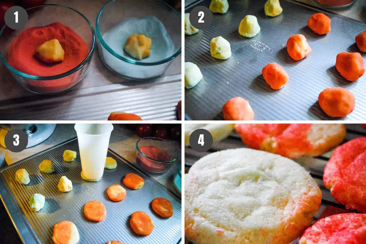 How to make Jello sugar cookies by rolling dough balls in Jello mix powder, placing on cookie sheet, then flattening, baking, and cooling on wire rack