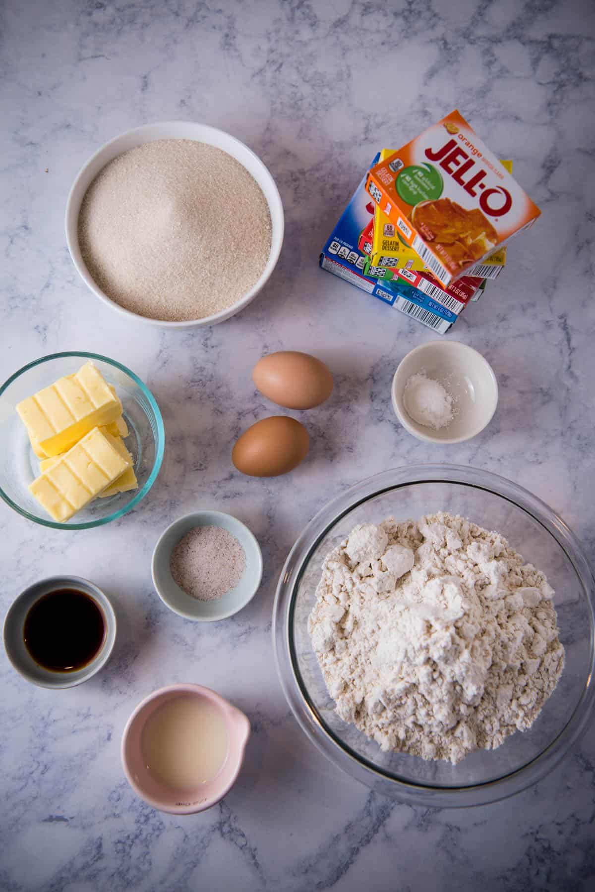 Jello for Jello Sugar Cookies Jello cookie recipe ingredients on white marble countertop