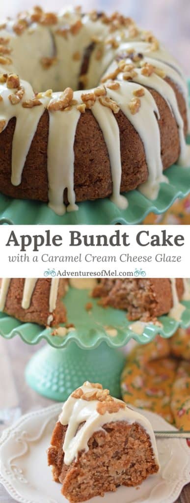 Apple Bundt Cake, made with apples, cinnamon, walnuts, and a caramel cream cheese glaze. Makes a scrumptious fall and holiday dessert!