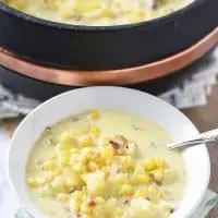 Creamy Potato Corn Chowder with bacon, an easy weeknight meal filled with cozy goodness. Hearty soup recipe the whole family will love.