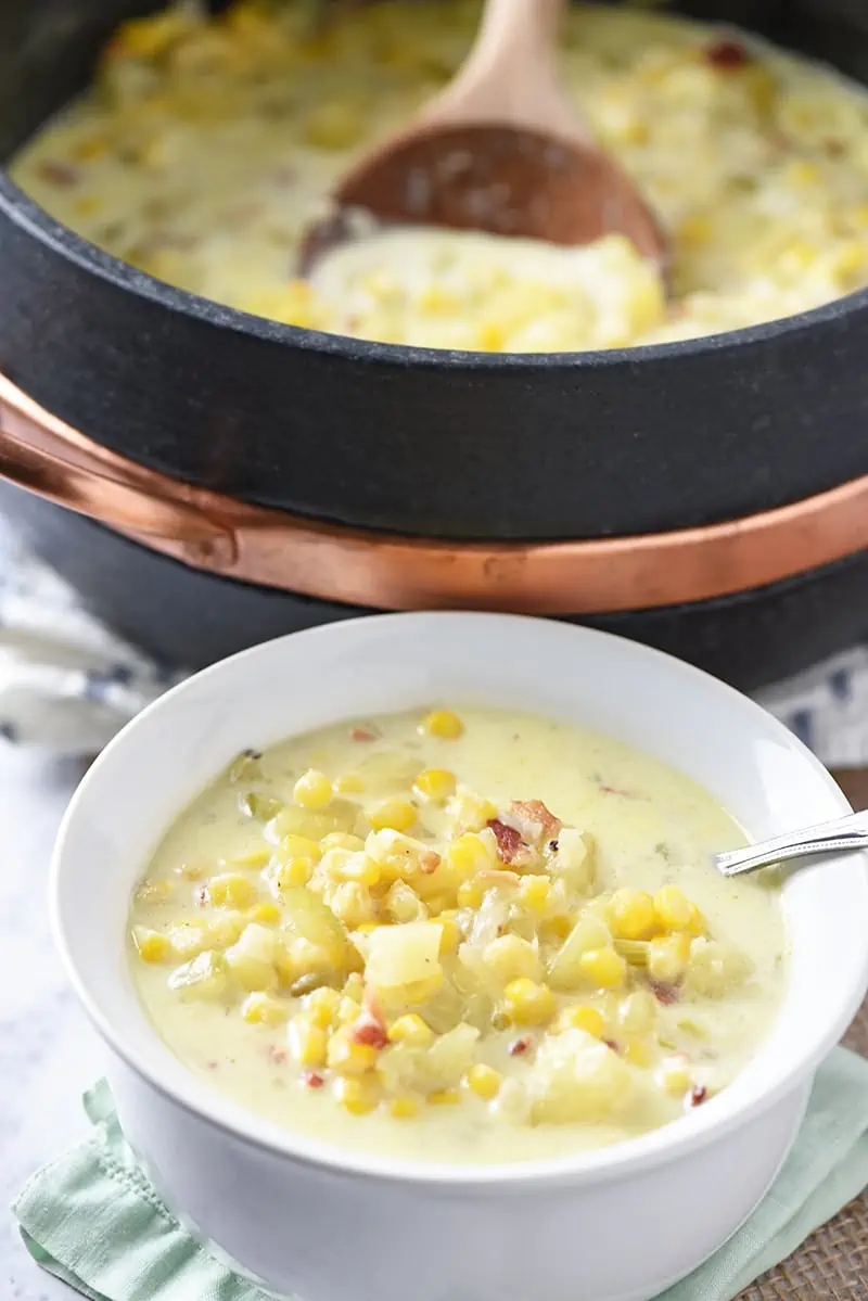 Easy, delicious dinner idea - Creamy Potato Corn Chowder with bacon! One of my family’s favorite hearty soup recipes.