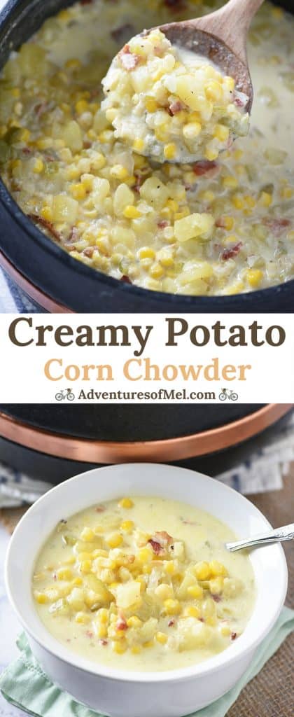 Creamy Potato Corn Chowder with bacon and cheddar is so easy to make. Hearty soup that makes a cozy weeknight meal the whole family will love!