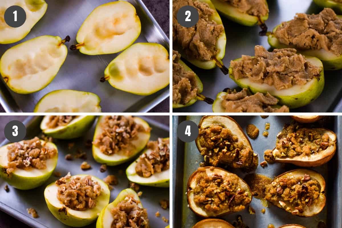 Mix up crumble topping for pear crisps steps for how to make stuffed pears, including scooping out center of pear halves, filling with cinnamon topping, sprinkling with pecans, and baked on baking sheet
