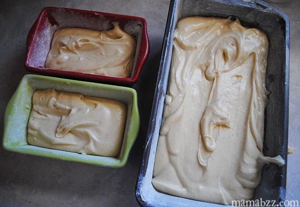 Gingerbread dough in pans ready to bake gingerbread loaf batter in large and mini loaf pans