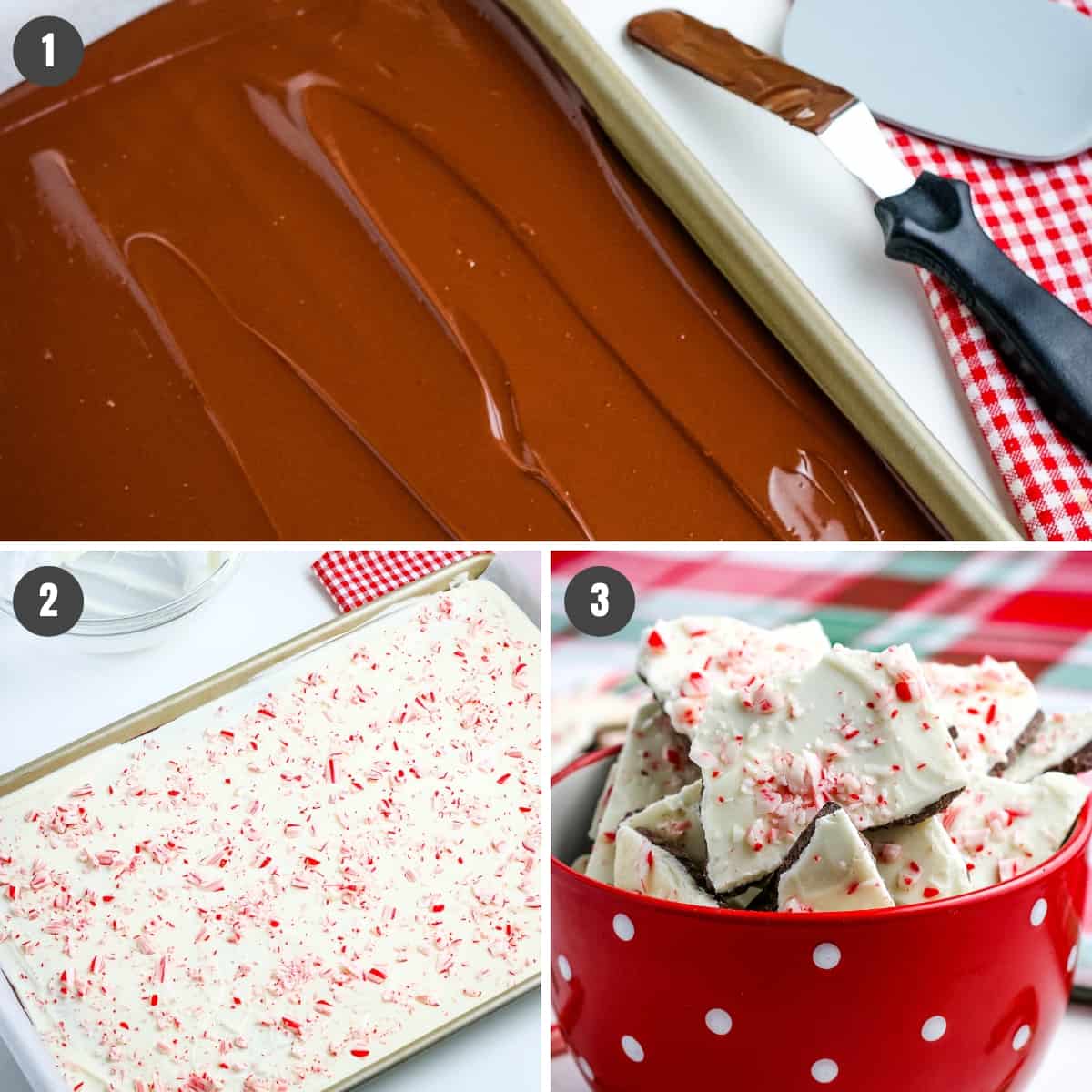 Adding peppermint pieces to peppermint chocolate bark steps for how to make chocolate peppermint bark by layering melted milk chocolate, melted white chocolate with crushed candy canes, and then breaking apart after set into pieces in red bowl