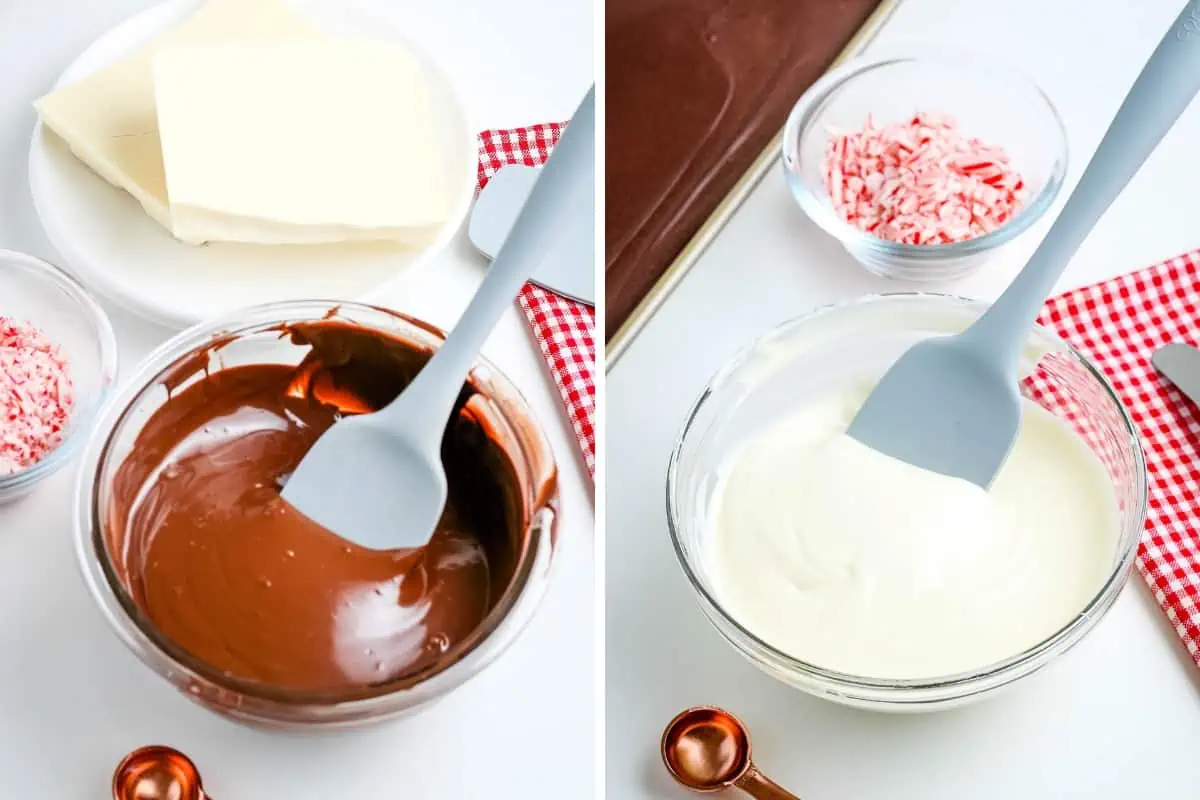 melted milk chocolate and white chocolate in glass bowls with rubber spatula for holiday chocolate bark