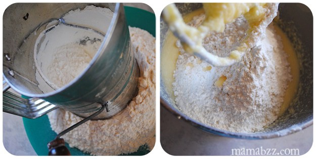 Sift dry ingredients and add to gingerbread mixture sifting and adding dry ingredients to ginger loaf batter in mixing bowl