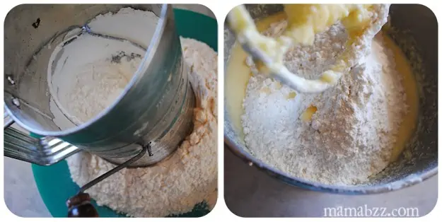 sifting and adding dry ingredients to ginger loaf batter in mixing bowl