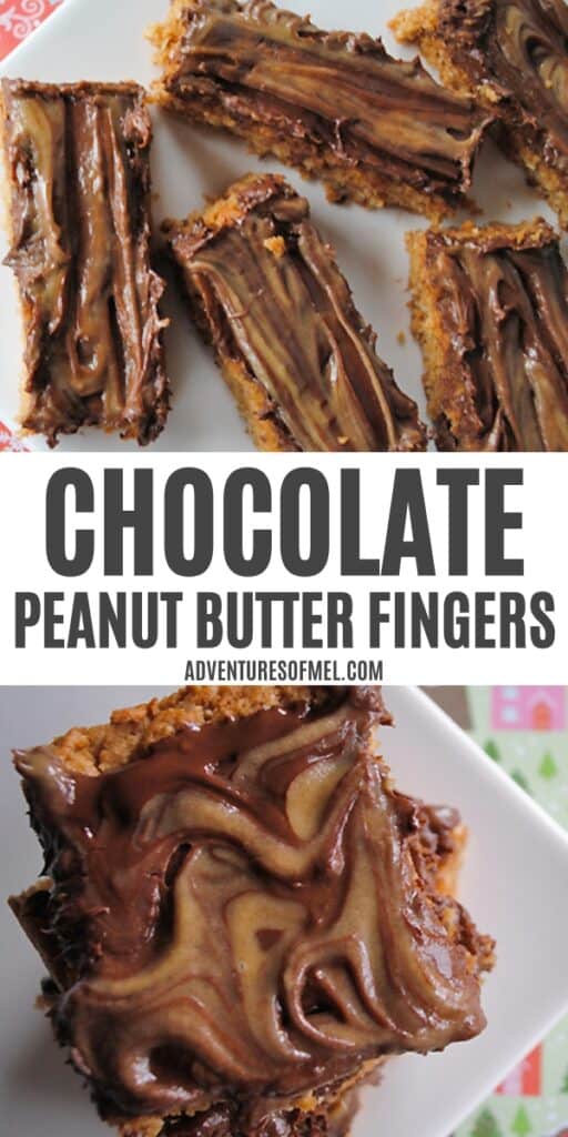 chocolate peanut butter fingers on white plate, chocolate peanut butter bars stacked on white plate