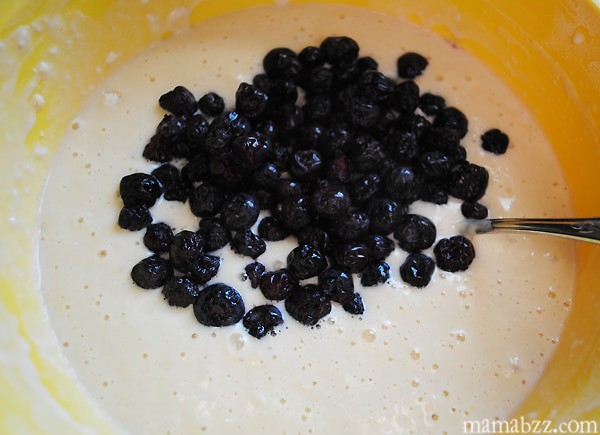 Mix blueberries into pancake batter