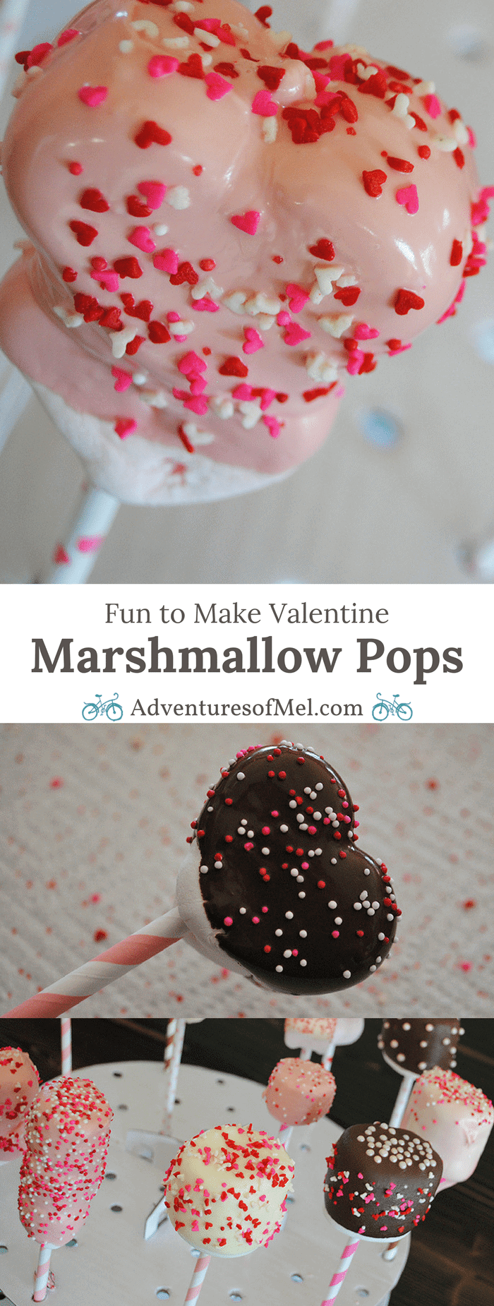 Use heart shaped marshmallows, Jet-Puffed marshmallows, paper straws, candy melts, and sprinkles to make yummy Valentine Marshmallow Pops. They're a scrumptious Valentine's Day craft or Valentine party idea, and kids love decorating these fun and easy treats. Grab the supply list and instructions.
