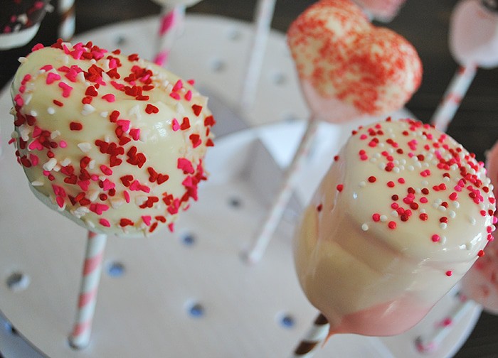 heart shaped and jumbo Valentine's Day marshmallows with sprinkles and nonpareils in marshmallow pop holder