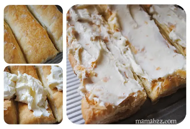 Spread sweet cream cheese layer on puff pastry sheets
