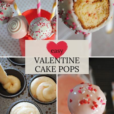 Valentine cake pops in a cup, with a bite out, piping cake batter into cake pop maker, and Valentines cake pop with sprinkles