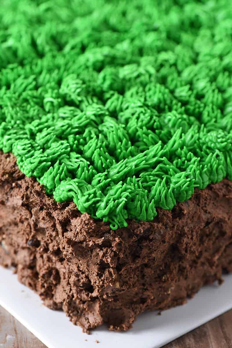 buttercream grass on minecraft grass block cake, made with Wilton cake tip 233