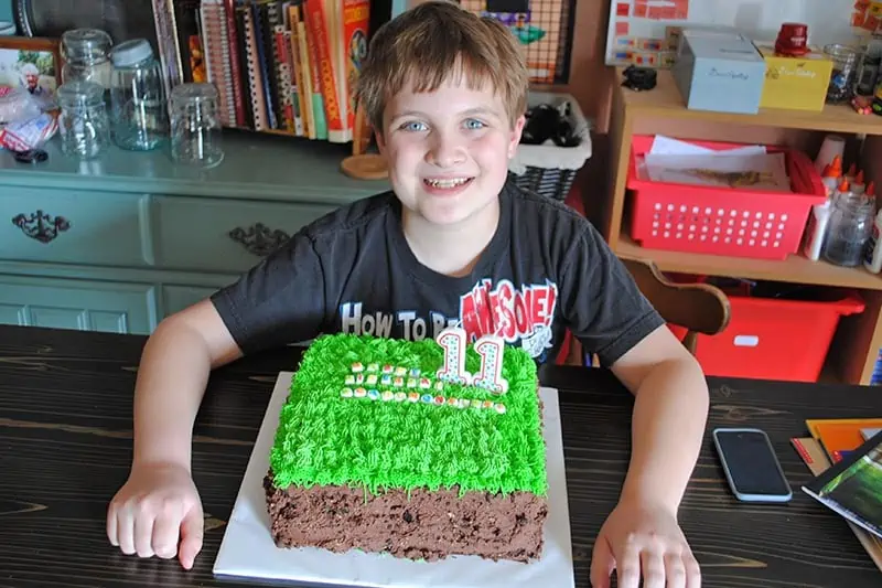 boy child with Minecraft birthday cake