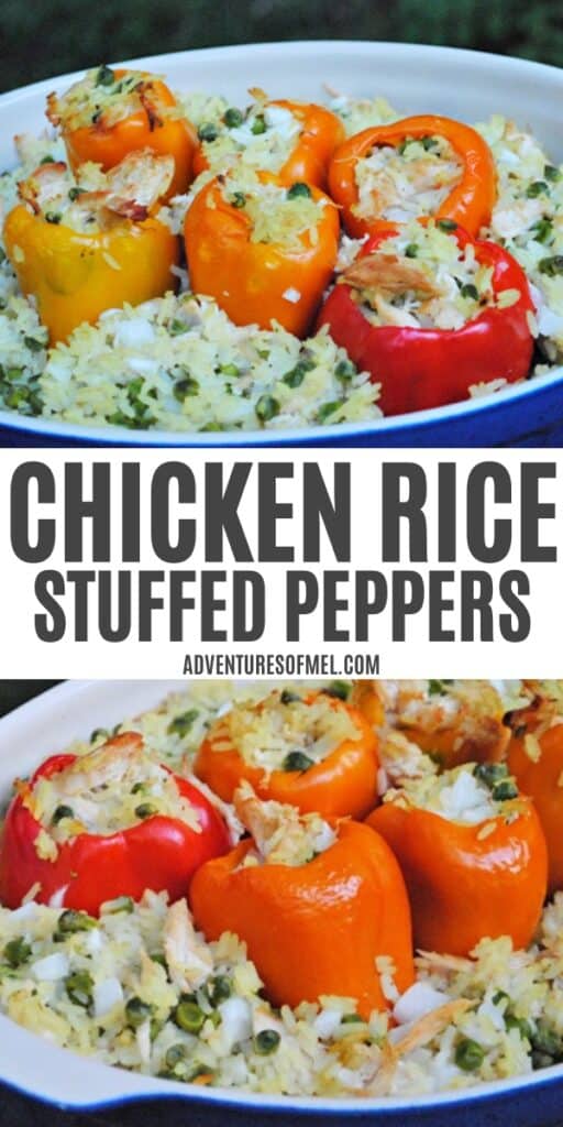 chicken and rice stuffed peppers in blue casserole dish
