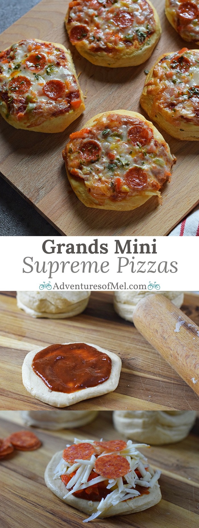 Grands Mini Supreme Pizzas are a quick and easy dinner recipe with Grands Biscuits, pizza sauce, veggies, mozzarella cheese, pepperoni, and basil.