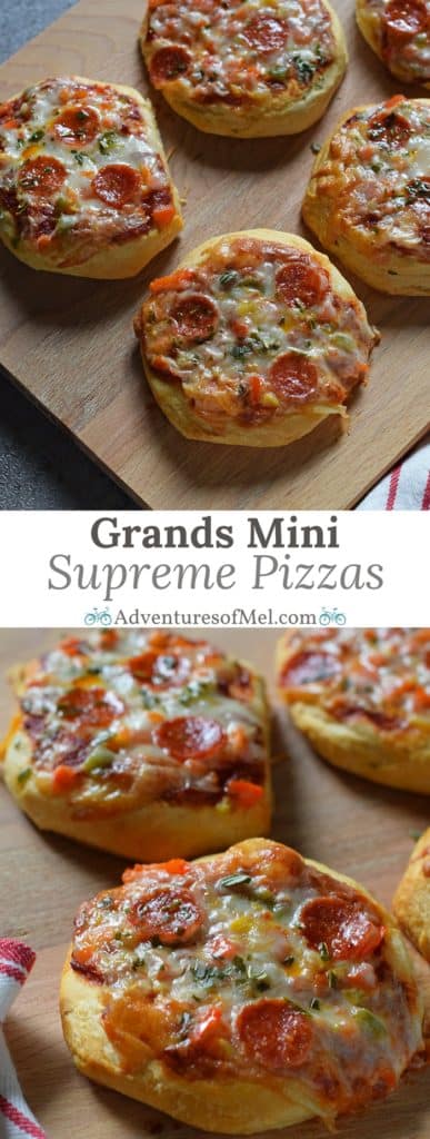 Grands Mini Supreme Pizzas are a quick and easy dinner recipe with Grands Biscuits, pizza sauce, veggies, cheese, pepperoni, and basil.