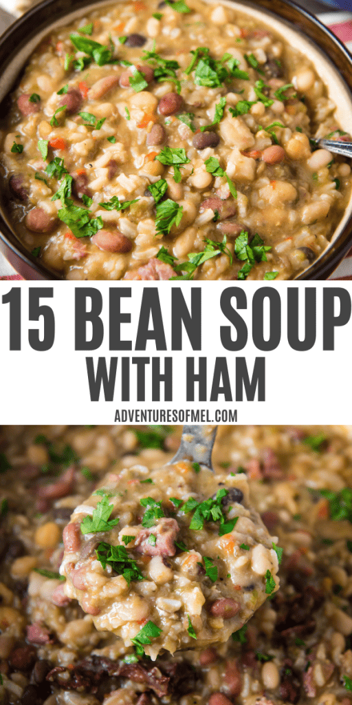 double image collage of 15 bean soup with ham, soup in brown bowl and soup in ladle over Dutch oven