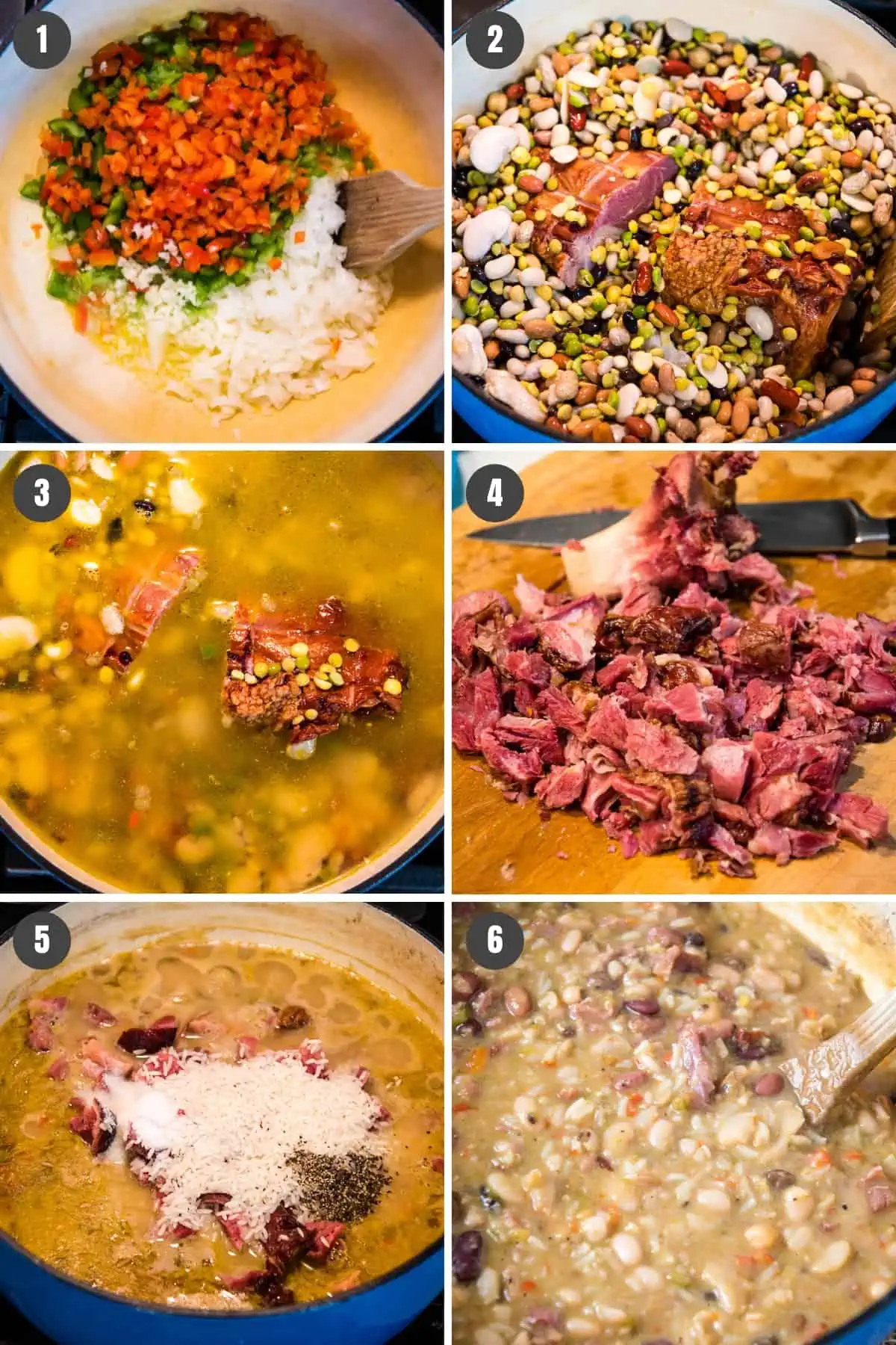 steps for how to make 15 bean soup with ham in blue Dutch oven on stovetop