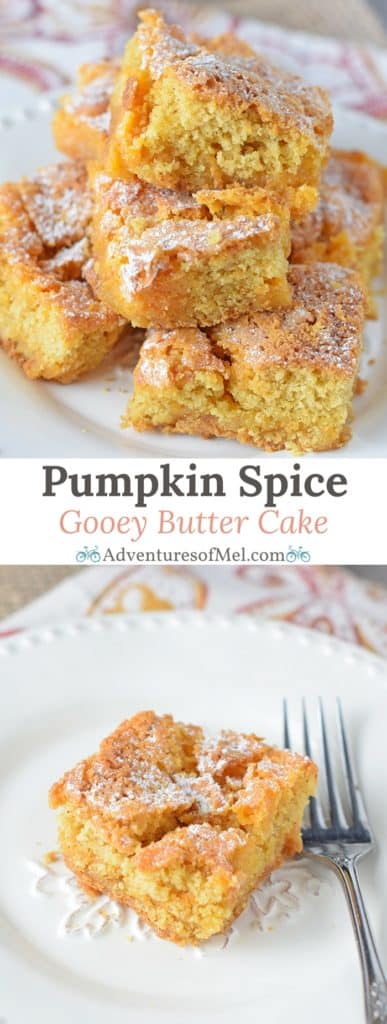 Pumpkin Spice Gooey Butter Cake, a scrumptious cake mix recipe. Fall dessert filled with ooey gooey, buttery, cream cheese goodness.