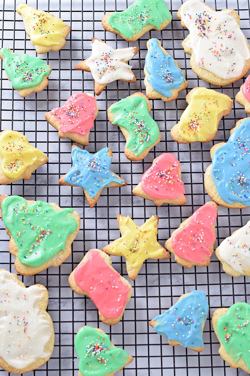 decorated cutout sugar cookies on wire rack