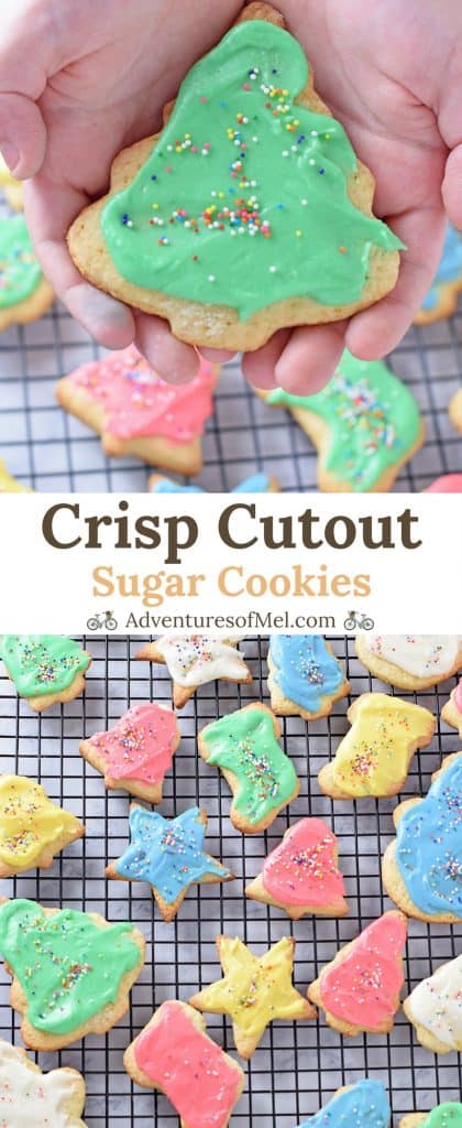 Crisp Cutout Sugar Cookies topped with icing and sprinkles, one of my favorite Christmas sweet treats. Perfect for your holiday party and dessert table!