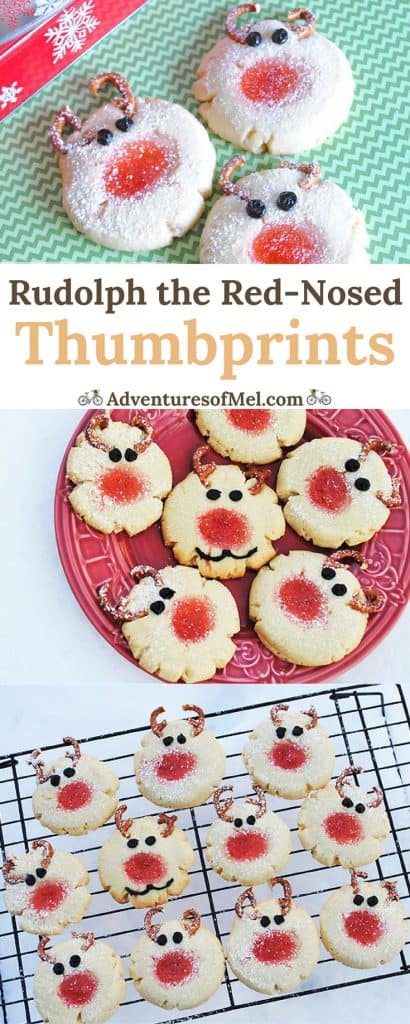 How to make the cutest Rudolph the Red-Nosed Thumbprints using jam and pretzels. Fun Christmas treat for a holiday party and dessert table.