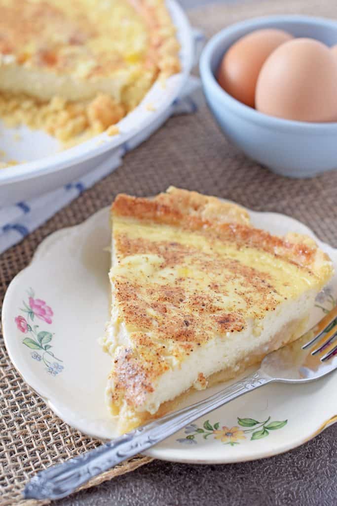 Caramel Custard Pie, an easy dessert made with a shortcut no-roll pie crust and a caramel twist. Old-fashioned family favorite sweet treat recipe!