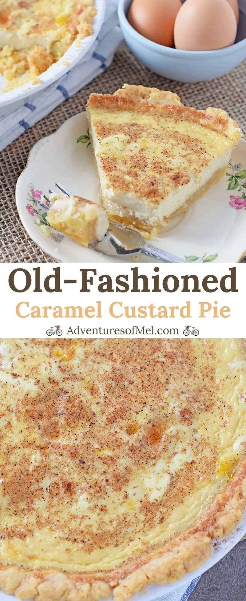 Caramel Custard Pie, made with an easy shortcut pie crust and a brown sugar caramel twist. Delicious dessert and a family favorite recipe!
