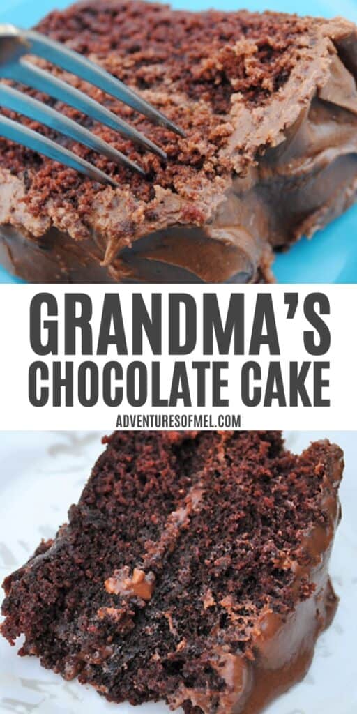 slice of chocolate cake with icing up close on blue plate with fork, slice of chocolate layer cake on white plate