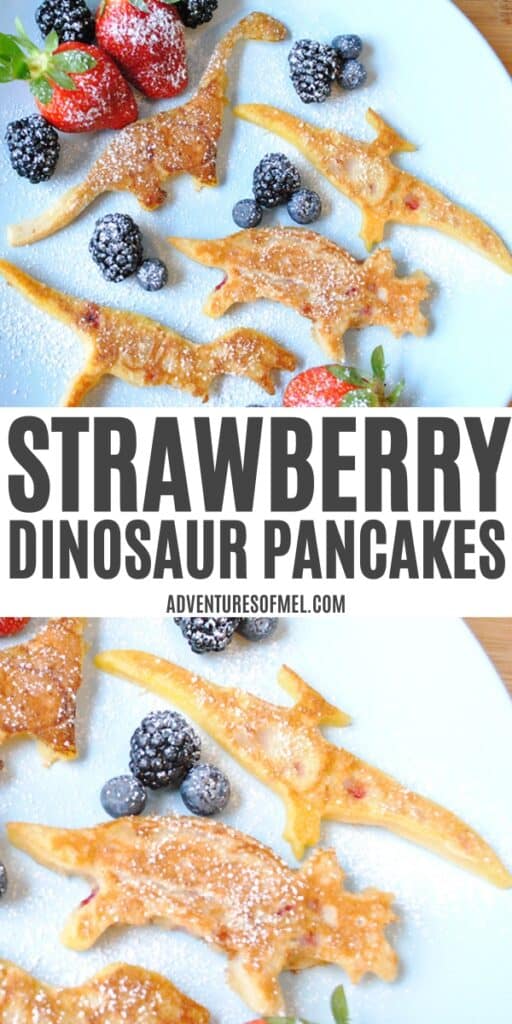 strawberry dinosaur pancakes on blue plate