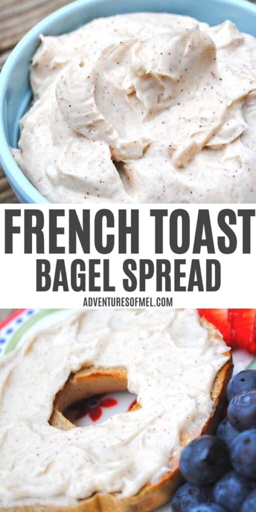 French toast bagel spread in blue bowl, cream cheese bagel spread on bagel with fruit
