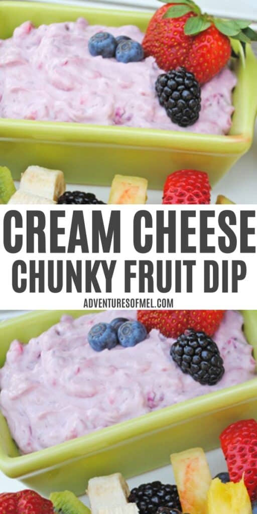 small green loaf pan with cream cheese fruit dip, fresh fruit on the side