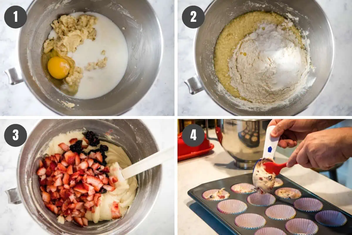 steps for how to mix up strawberry blackberry muffin batter in stainless steel mixing bowl, then scooping batter into lined muffin tin