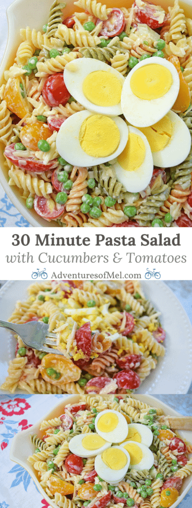 Rotini pasta coated with a lightly creamy dressing, mixed with fresh cucumbers, tomatoes, smoked cheese, and other delicious ingredients. Easy 30 minute pasta salad recipe!