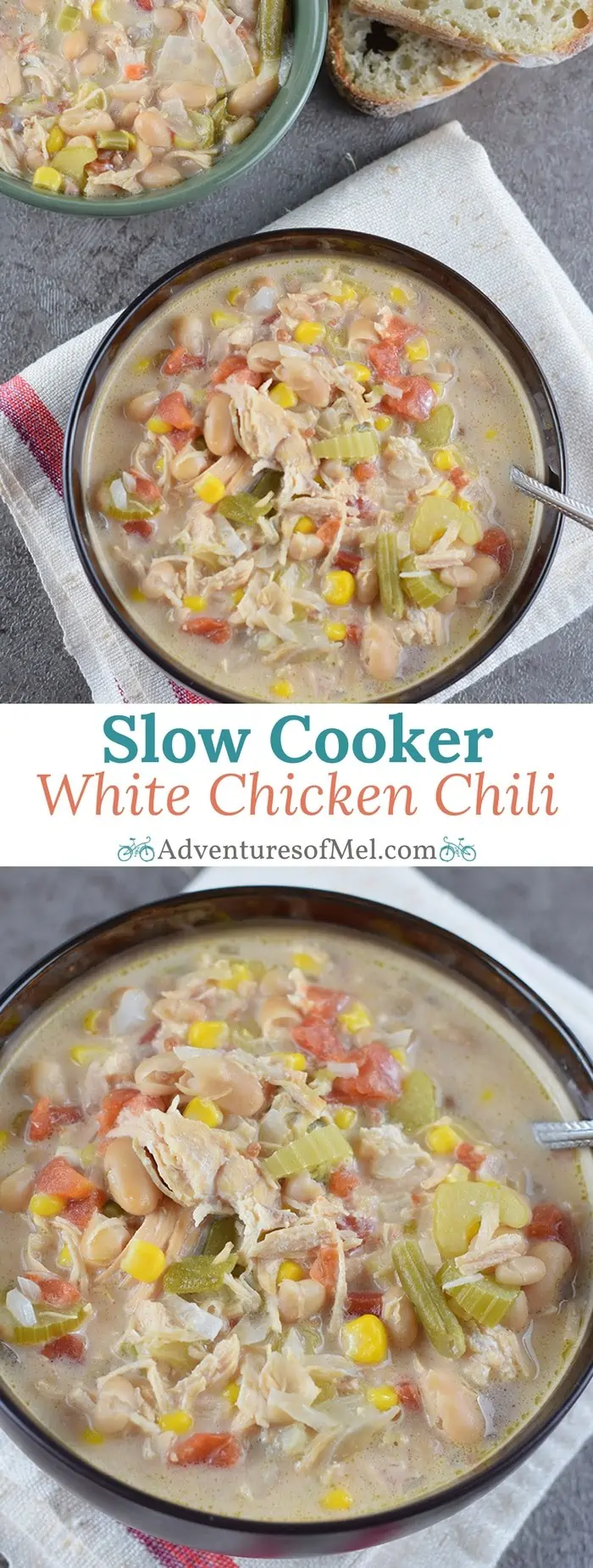 White Chicken Chili in the slow cooker (or Instant Pot) makes an easy family meal. Filled with vegetables, white beans, chicken, green chiles, and cheese.