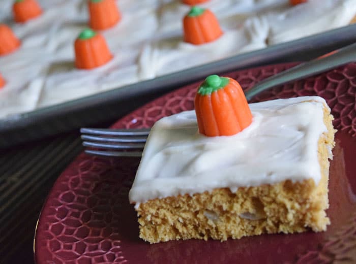Pumpkin Pear Spice Cake is a scrumptious holiday dessert, perfect for Thanksgiving dinner. Get the recipe for this delicious, easy to make, sheet cake.