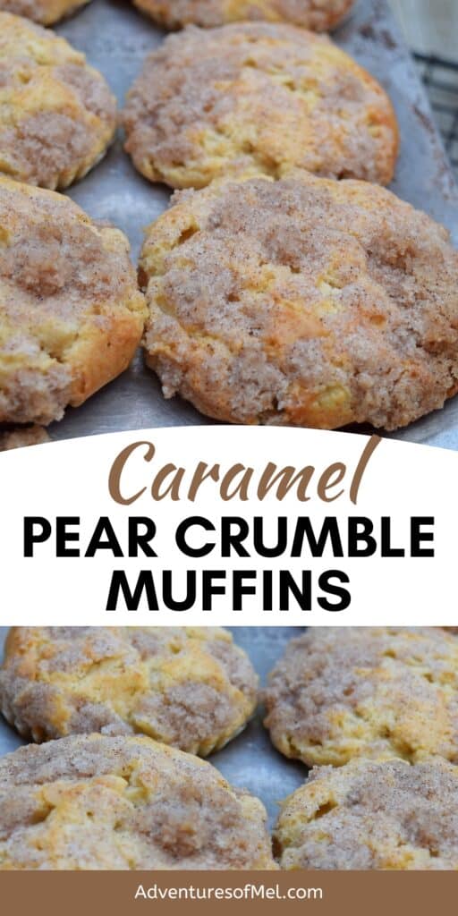 caramel pear crumble muffins in muffin tin