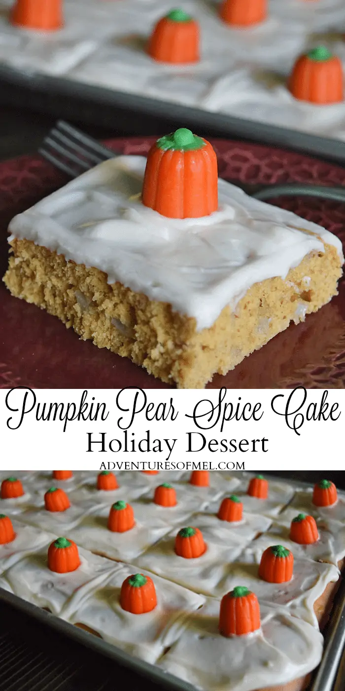 Pumpkin Pear Spice Cake is a scrumptious holiday dessert, perfect for Thanksgiving dinner. Get the recipe for this delicious, easy to make, sheet cake.