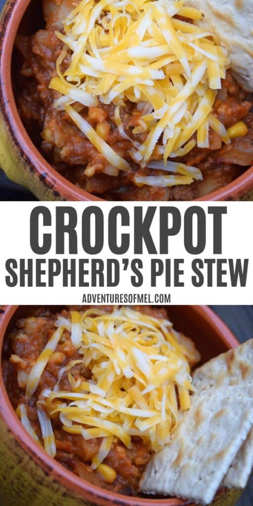 shepherd's pie stew in yellow crock bowl with cheese on top, hearty stew in crock bowl with cheese and crackers